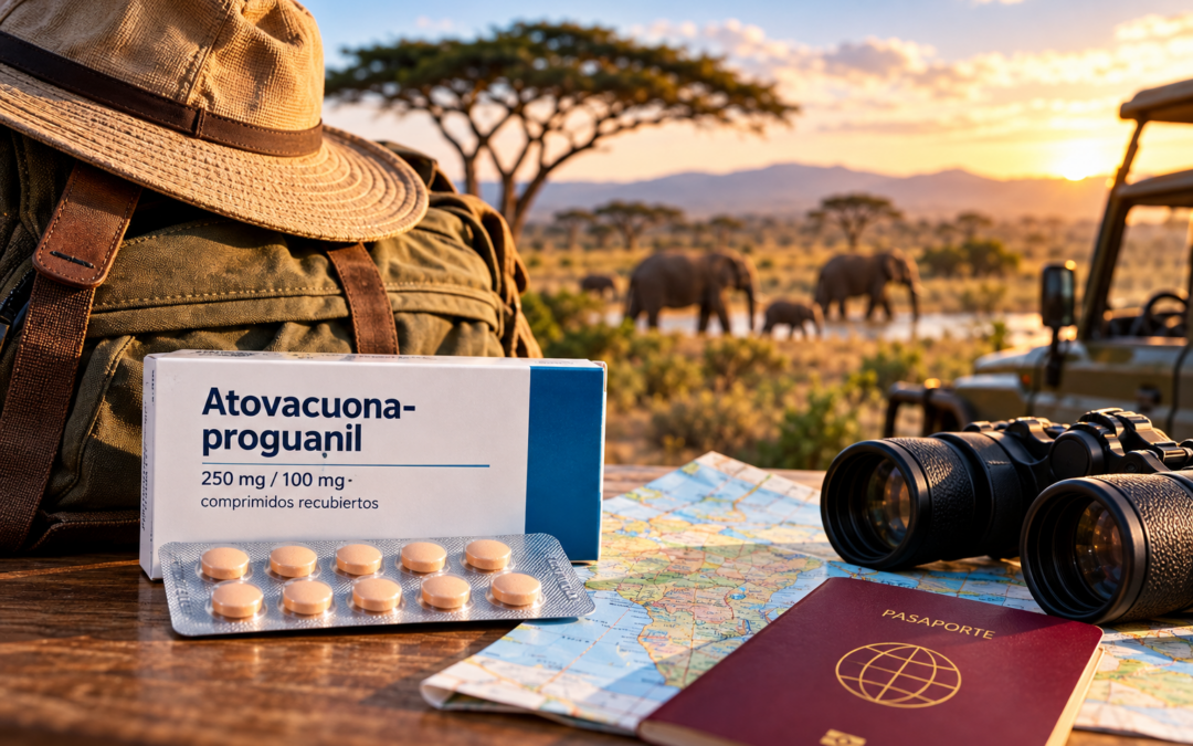 Atovacuona-proguanil junto a un botiquín y documentos de viaje para prevenir la malaria
